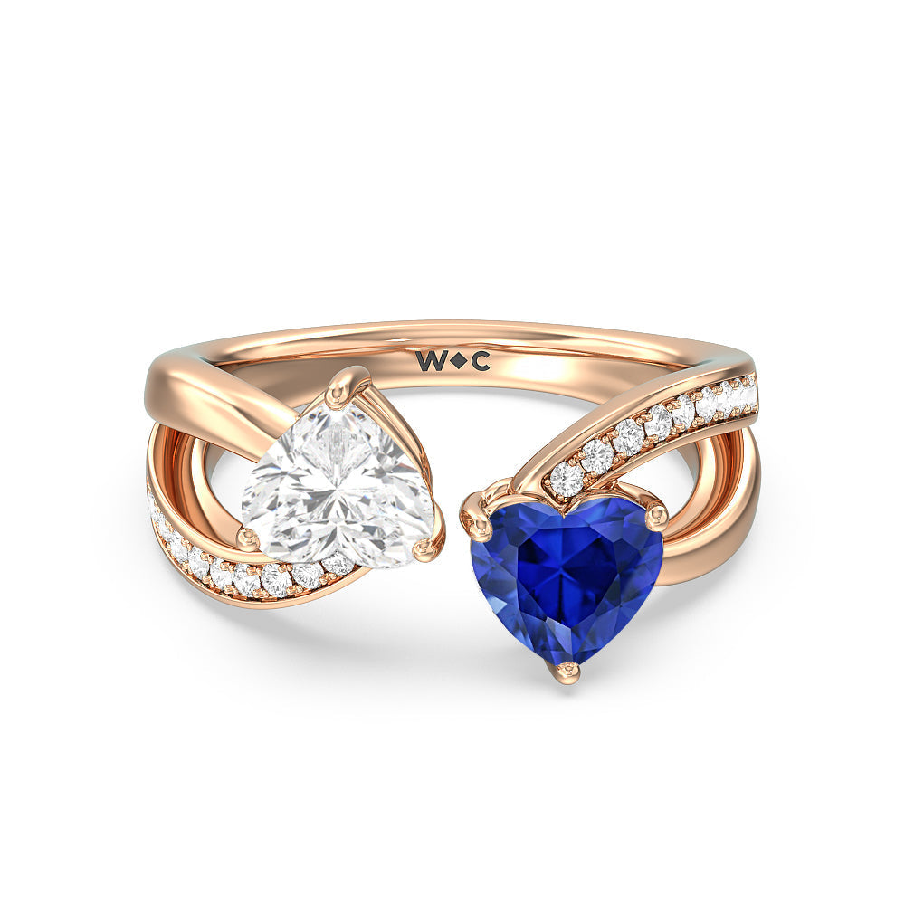 Toi et Moi Created Sapphire & Lab Diamond Heart Engagement Ring with 14KT Rose Gold Cut Diamond in 14KT Rose Gold view 1
