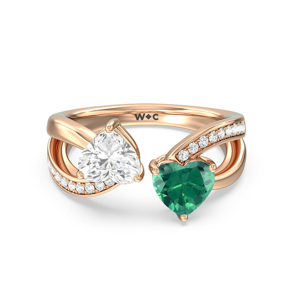 Toi et Moi Created Emerald & Lab Diamond Heart Engagement Ring with 14KT Rose Gold Cut Diamond in 14KT Rose Gold view 1
