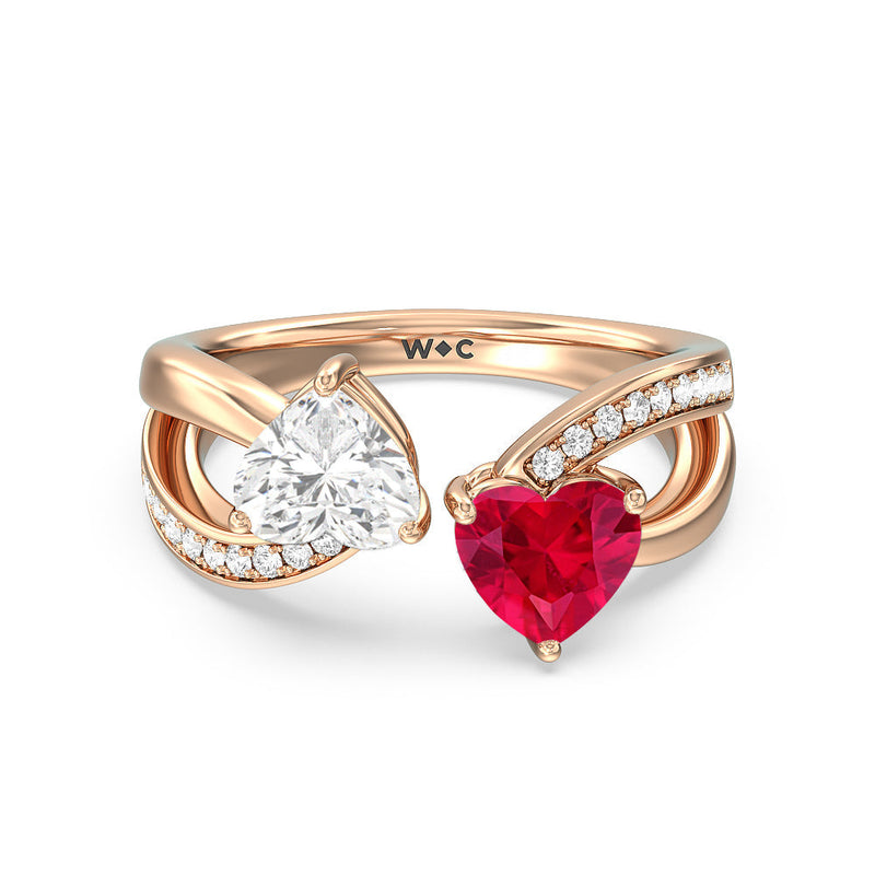 Toi et Moi Created Ruby & Lab Diamond Heart Engagement Ring