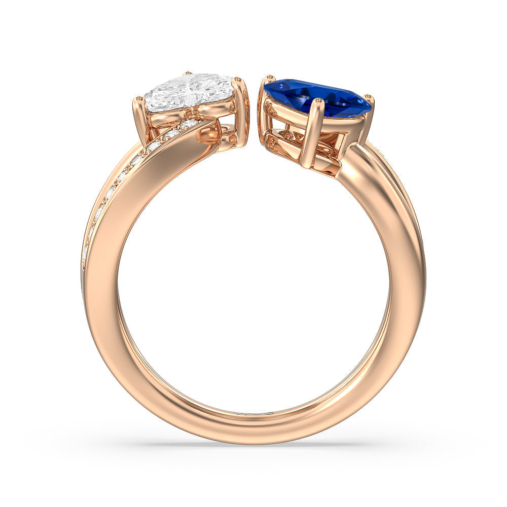 Toi et Moi Created Sapphire & Lab Diamond Heart Engagement Ring with 14KT Rose Gold Cut Diamond in 14KT Rose Gold view 3
