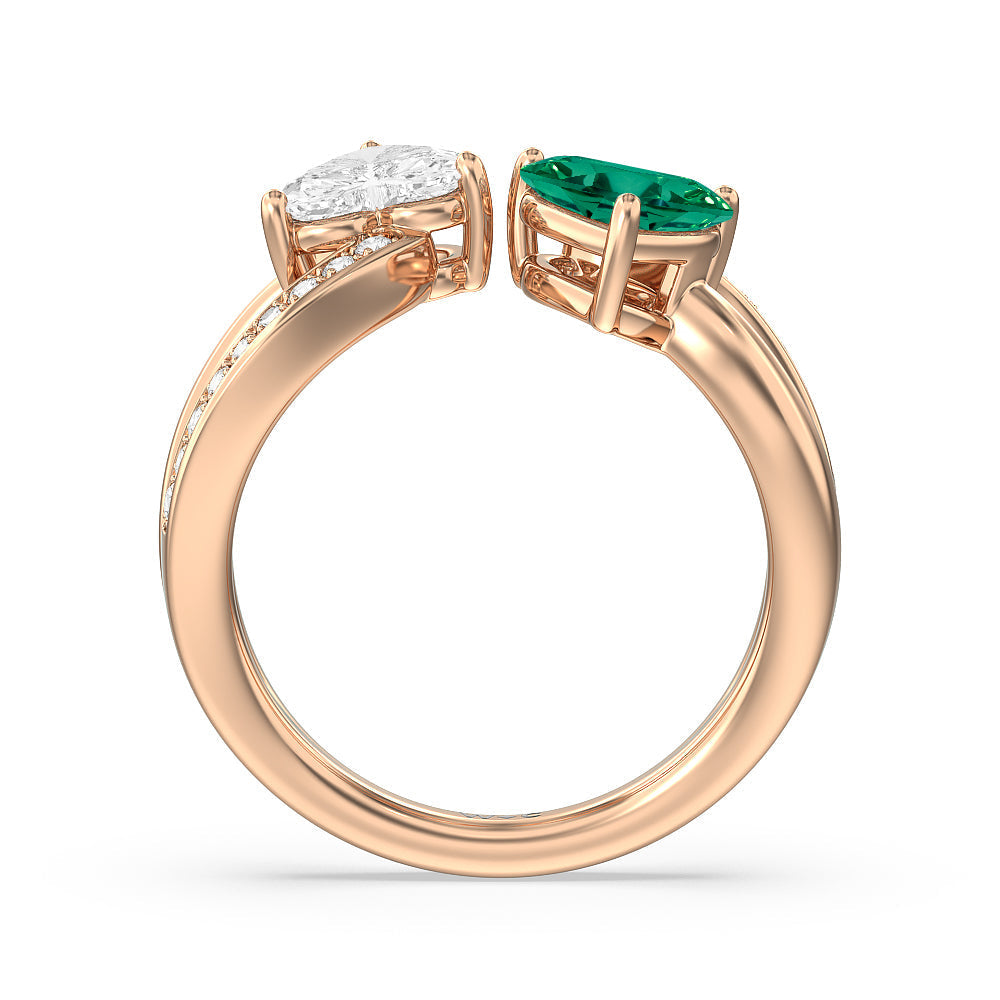 Toi et Moi Created Emerald & Lab Diamond Heart Engagement Ring with 14KT Rose Gold Cut Diamond in 14KT Rose Gold view 3
