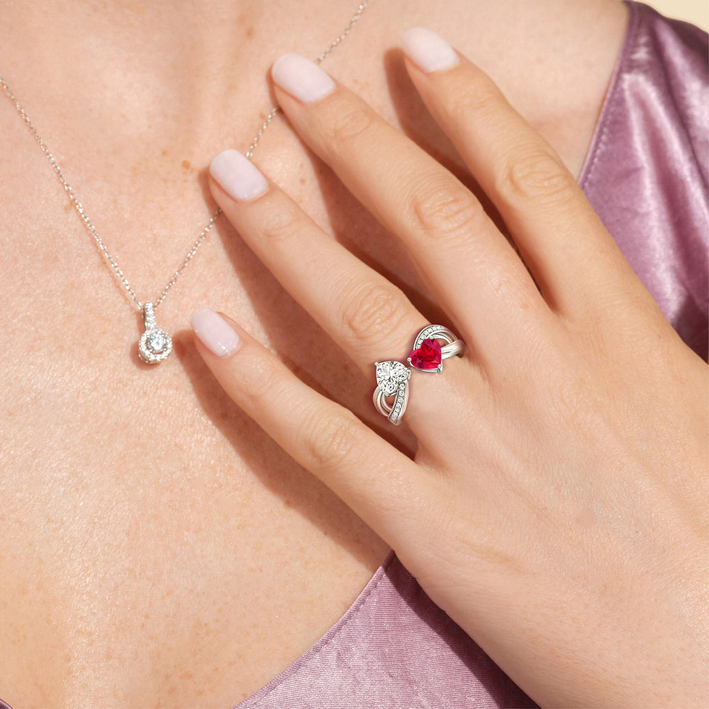 Model Wearing Toi et Moi Created Ruby & Lab Diamond Heart Engagement Ring view