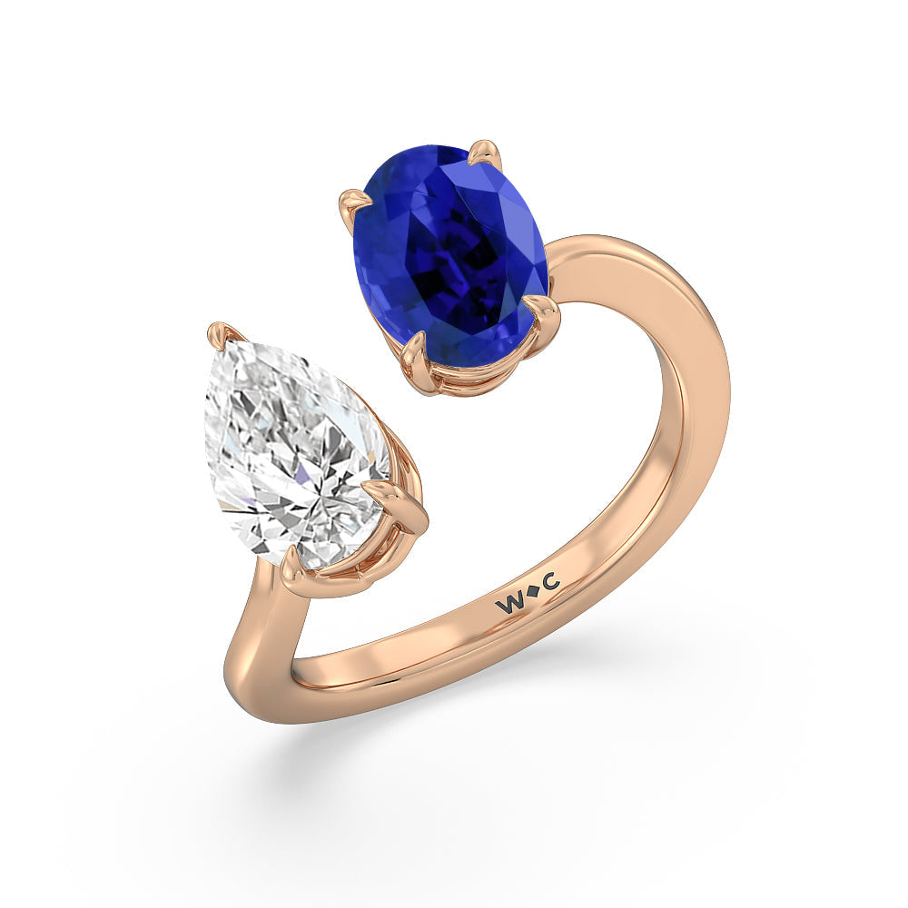 Toi et Moi Created Sapphire Oval and Pear Diamond Curved Engagement Ring with 14KT Rose Gold Cut Diamond in 14KT Rose Gold view 2
