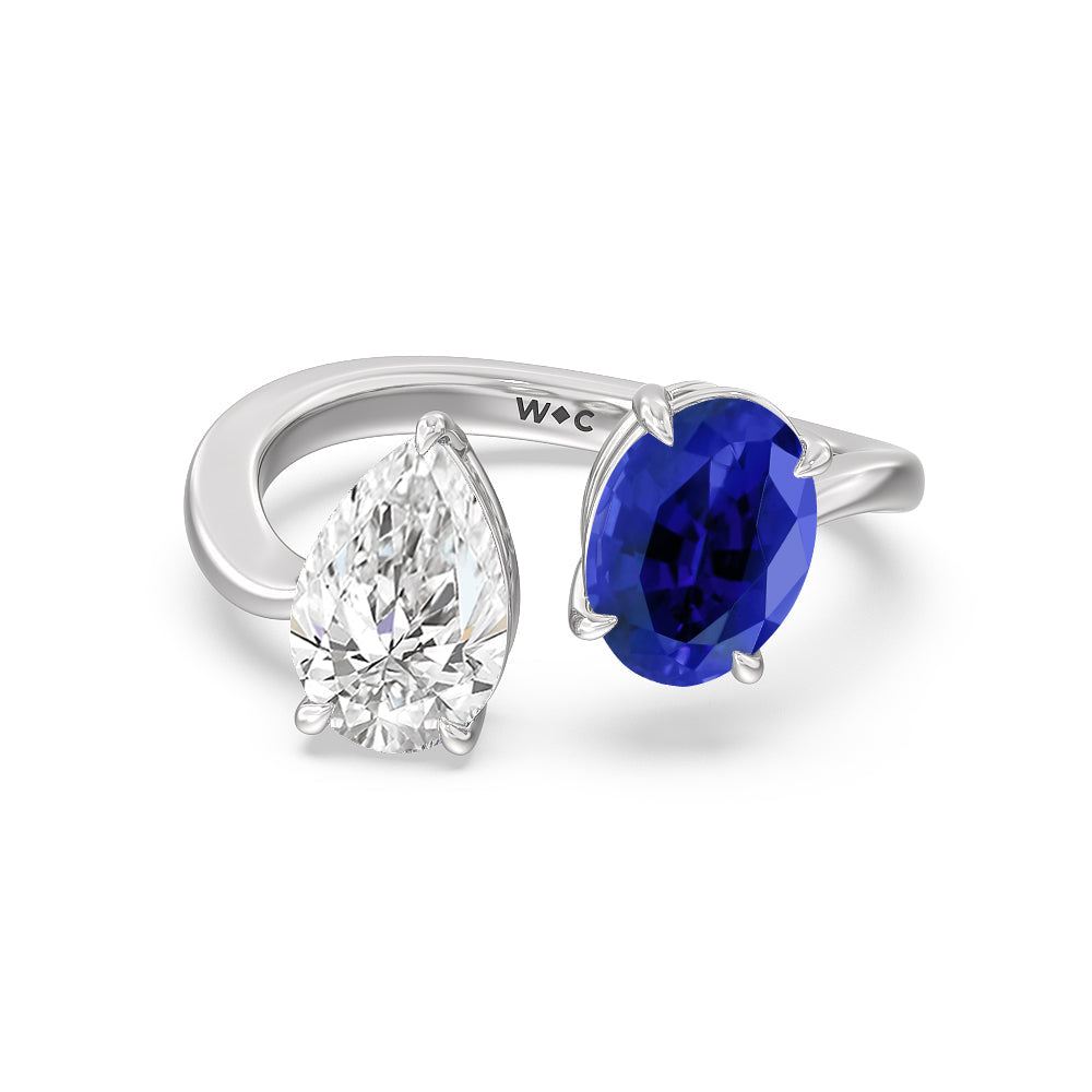 Toi et Moi Created Sapphire Oval and Pear Diamond Curved Engagement Ring with 14KT White Gold Cut Diamond in 14KT White Gold view 1
