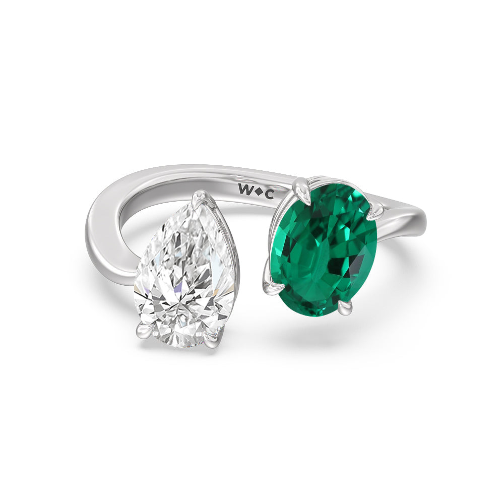 Toi et Moi Created Emerald Oval and Pear Diamond Curved Engagement Ring with 14KT White Gold Cut Diamond in 14KT White Gold view 1
