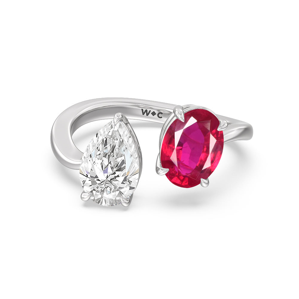 Toi et Moi Created Ruby Oval and Pear Diamond Curved Engagement Ring with 14KT White Gold Cut Diamond in 14KT White Gold view 1
