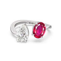 Toi et Moi Created Ruby Oval and Pear Diamond Curved Engagement Ring