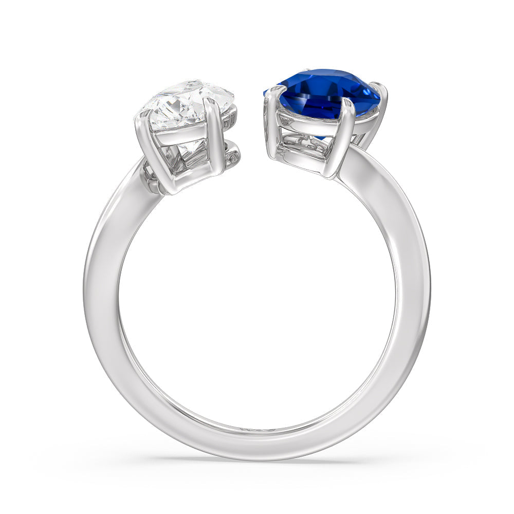 Toi et Moi Created Sapphire Oval and Pear Diamond Curved Engagement Ring with 14KT White Gold Cut Diamond in 14KT White Gold view 3
