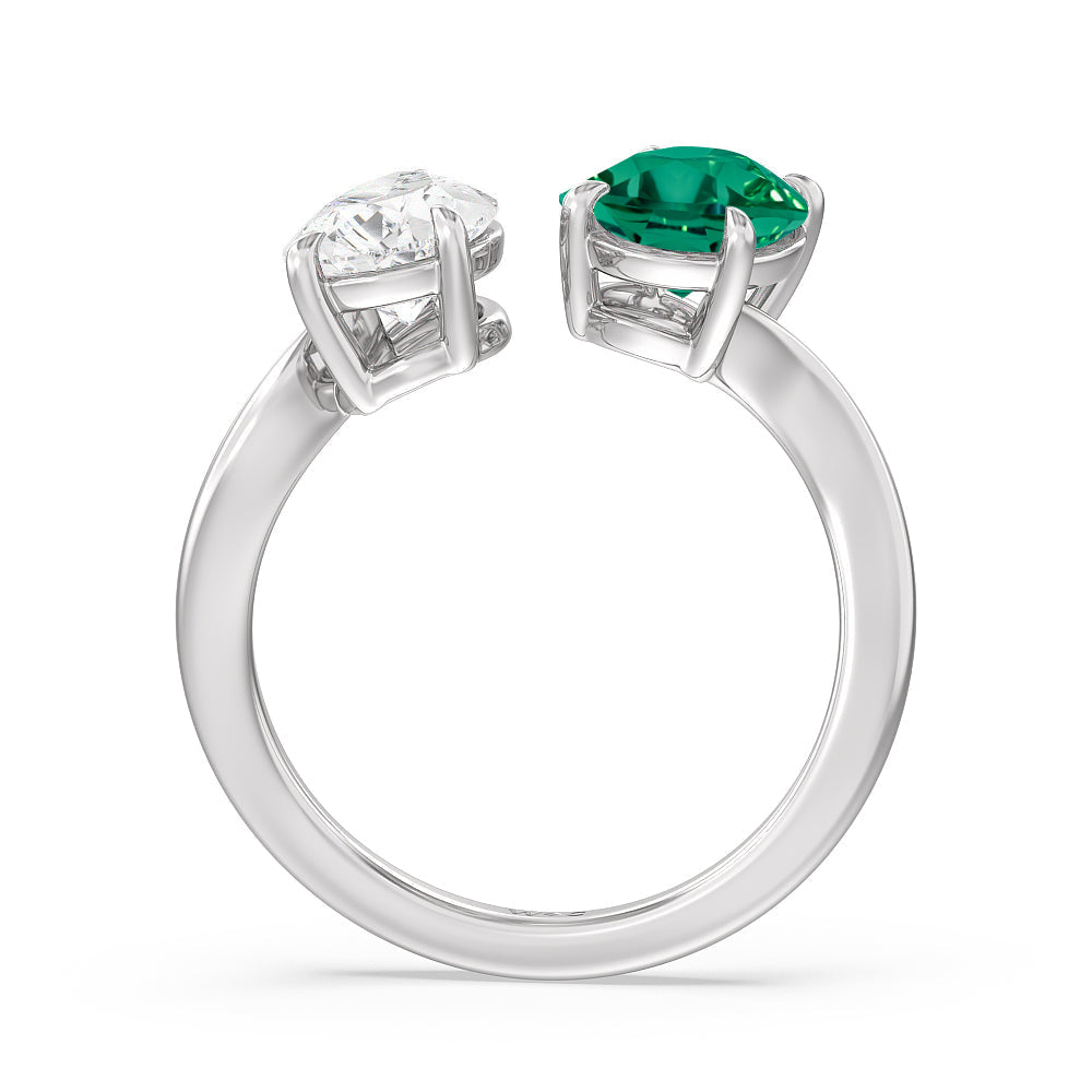 Toi et Moi Created Emerald Oval and Pear Diamond Curved Engagement Ring with 14KT White Gold Cut Diamond in 14KT White Gold view 3
