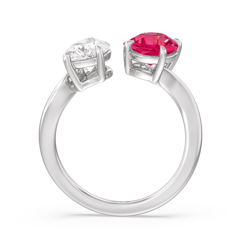 Toi et Moi Created Ruby Oval and Pear Diamond Curved Engagement Ring with 14KT White Gold Cut Diamond in 14KT White Gold view 3
