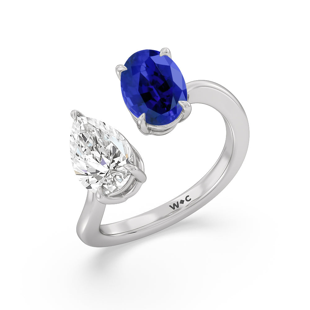 Toi et Moi Created Sapphire Oval and Pear Diamond Curved Engagement Ring with 14KT White Gold Cut Diamond in 14KT White Gold view 2
