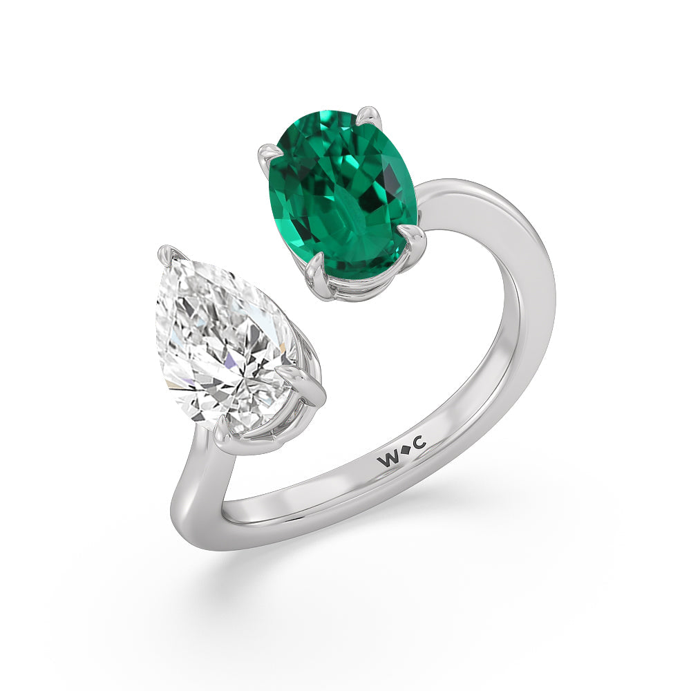 Toi et Moi Created Emerald Oval and Pear Diamond Curved Engagement Ring with 14KT White Gold Cut Diamond in 14KT White Gold view 2
