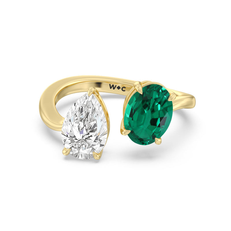 Toi et Moi Created Emerald Oval and Pear Diamond Curved Engagement Ring