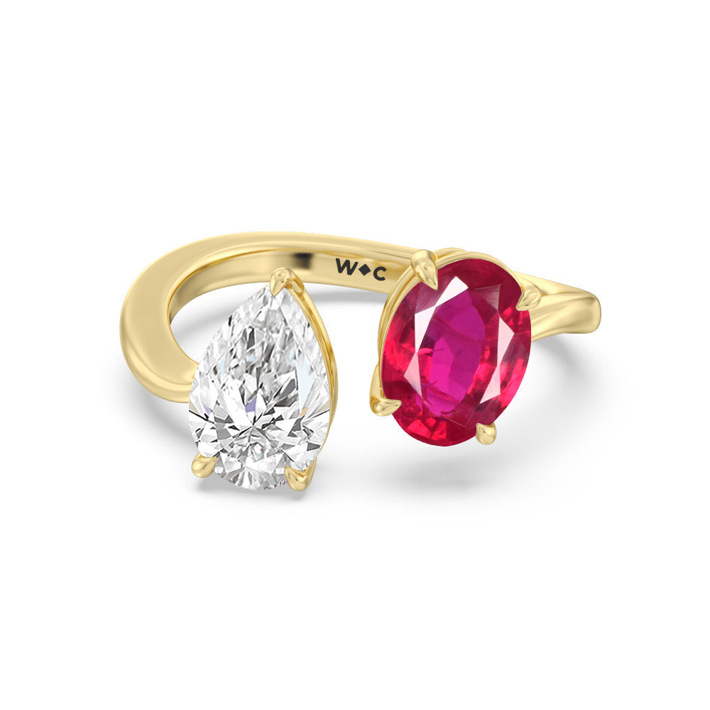 Toi et Moi Created Ruby Oval and Pear Diamond Curved Engagement Ring with 14KT Yellow Gold Cut Diamond in 14KT Yellow Gold view 1
