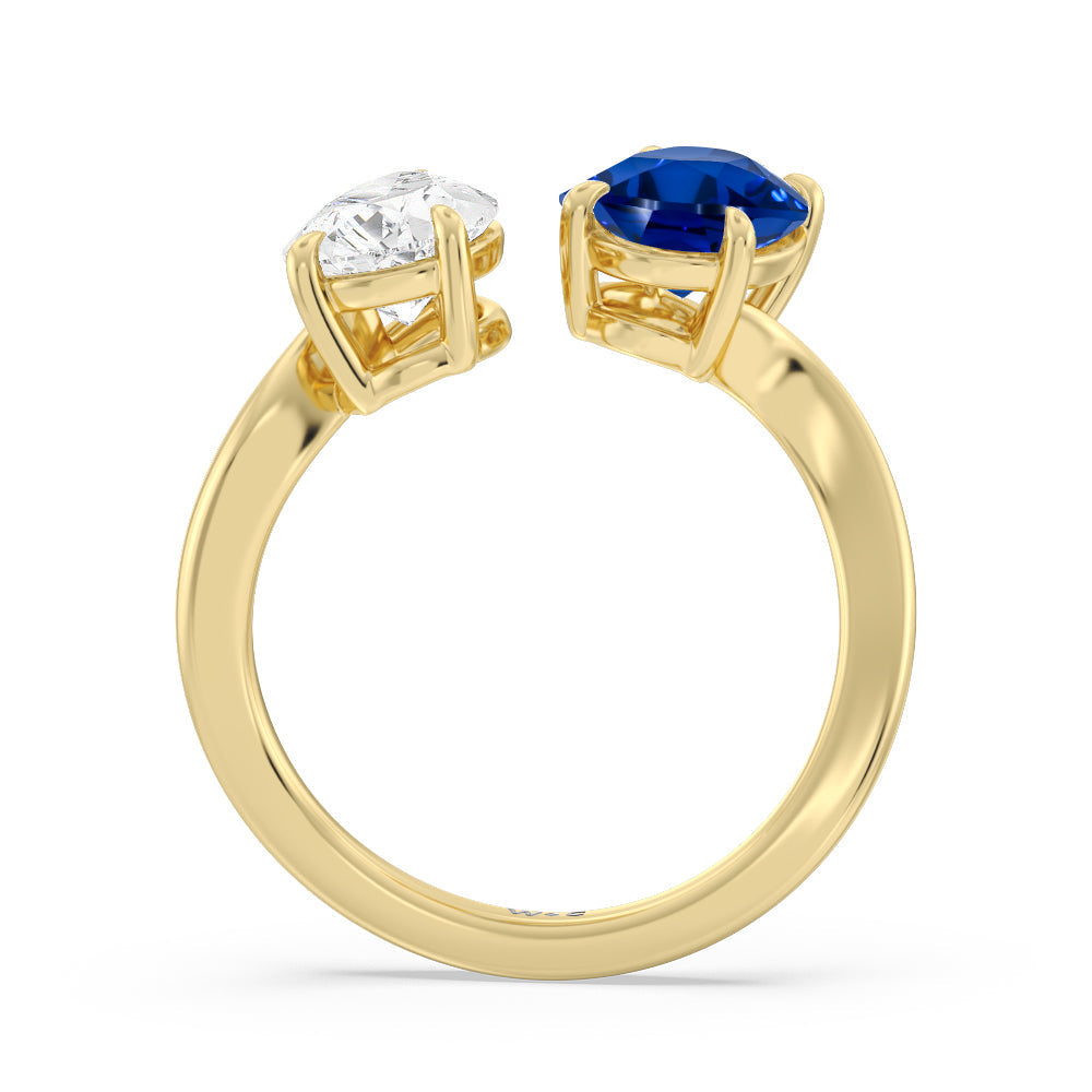 Toi et Moi Created Sapphire Oval and Pear Diamond Curved Engagement Ring with 14KT Yellow Gold Cut Diamond in 14KT Yellow Gold view 3
