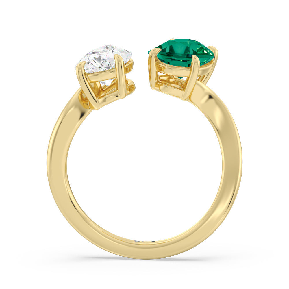 Toi et Moi Created Emerald Oval and Pear Diamond Curved Engagement Ring with 14KT Yellow Gold Cut Diamond in 14KT Yellow Gold view 3

