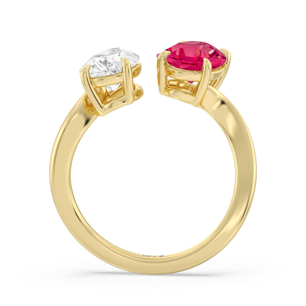 Toi et Moi Created Ruby Oval and Pear Diamond Curved Engagement Ring with 14KT Yellow Gold Cut Diamond in 14KT Yellow Gold view 3
