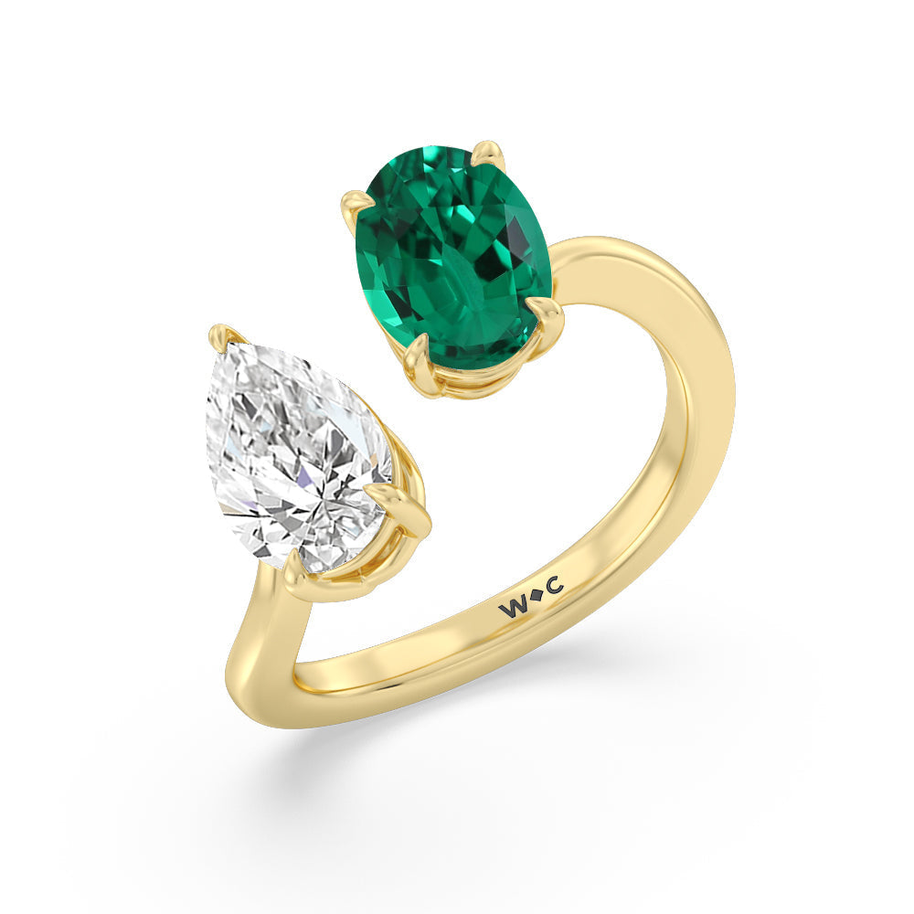 Toi et Moi Created Emerald Oval and Pear Diamond Curved Engagement Ring with 14KT Yellow Gold Cut Diamond in 14KT Yellow Gold view 2
