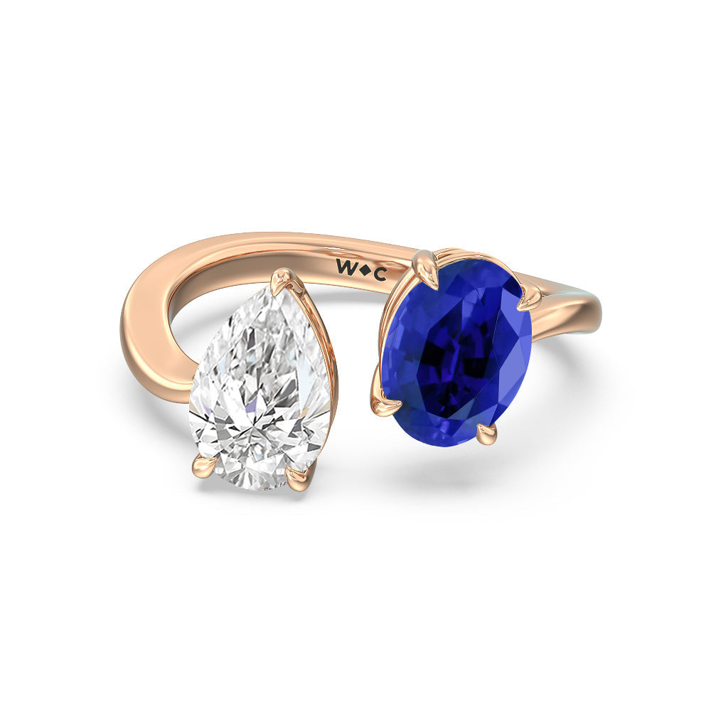 Toi et Moi Created Sapphire Oval and Pear Diamond Curved Engagement Ring with 14KT Rose Gold Cut Diamond in 14KT Rose Gold view 1
