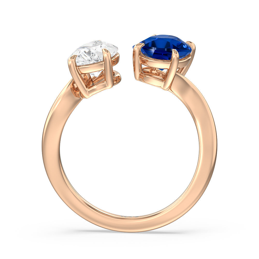 Toi et Moi Created Sapphire Oval and Pear Diamond Curved Engagement Ring with 14KT Rose Gold Cut Diamond in 14KT Rose Gold view 3
