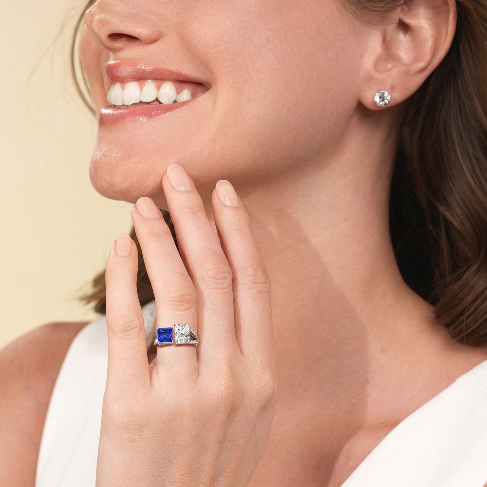 Model Wearing Toi et Moi Created Sapphire Princess and Radiant Lab Diamond Split Shank Engagement Ring view