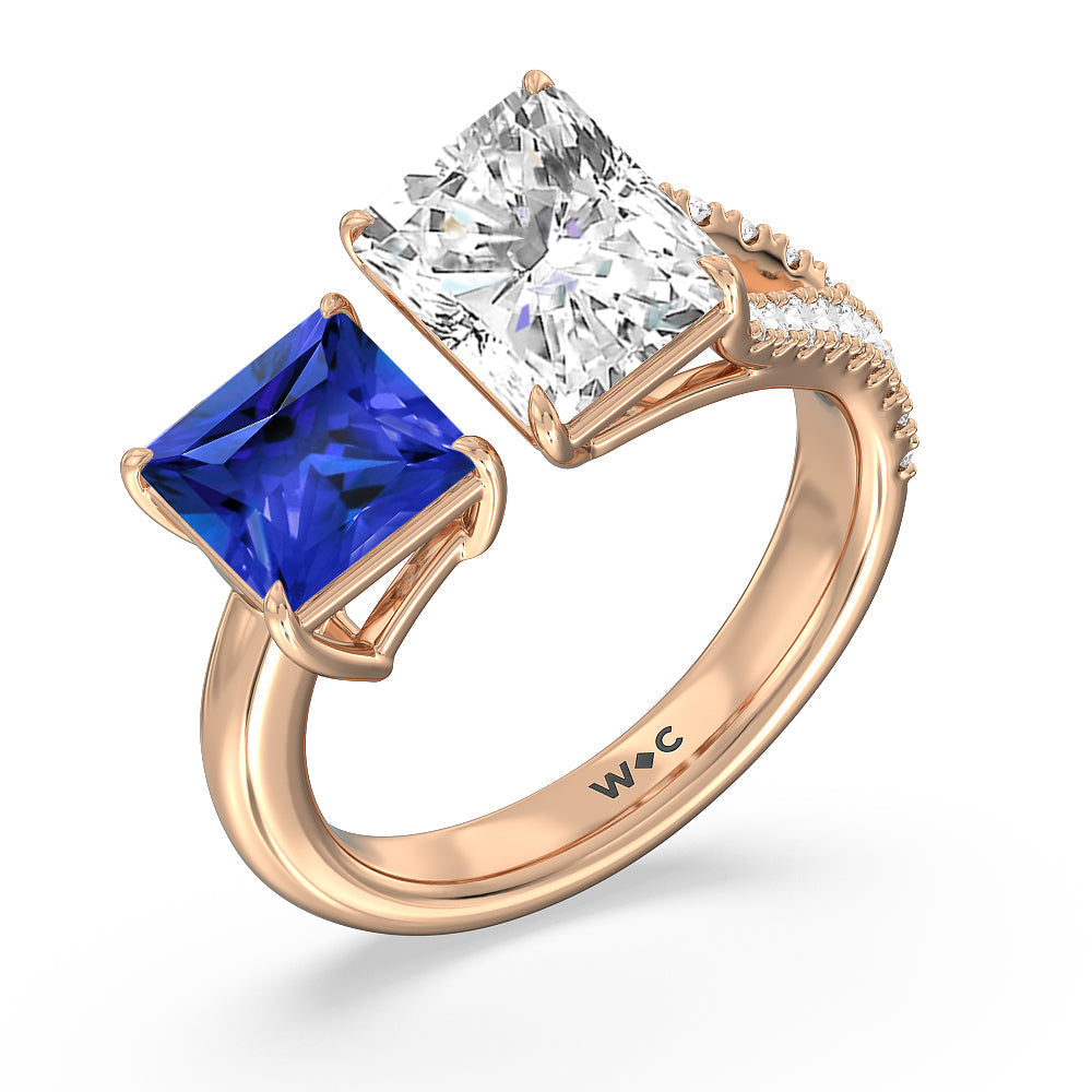 Toi et Moi Created Sapphire Princess and Radiant Lab Diamond Split Shank Engagement Ring with 14KT Rose Gold Cut Diamond in 14KT Rose Gold view 2
