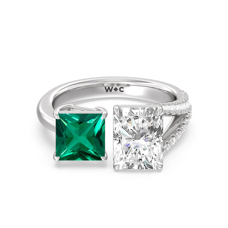 Toi et Moi Created Emerald Princess and Radiant Diamond Split Shank Engagement Ring