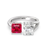 Toi et Moi Created Ruby Princess and Radiant Lab Diamond Split Shank Engagement Ring