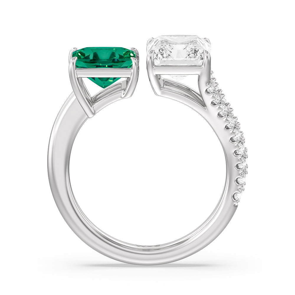 Toi et Moi Created Emerald Princess and Radiant Diamond Split Shank Engagement Ring with 14KT White Gold Cut Diamond in 14KT White Gold view 3
