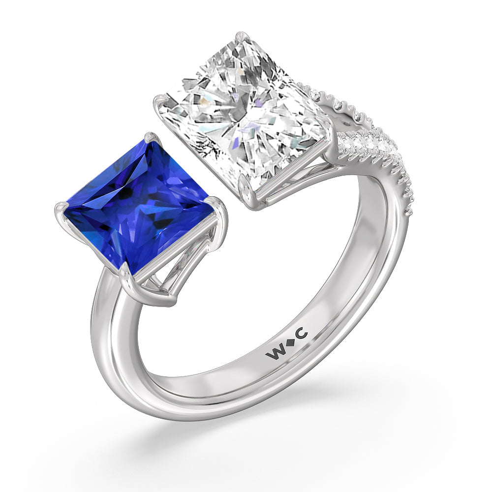 Toi et Moi Created Sapphire Princess and Radiant Lab Diamond Split Shank Engagement Ring with 14KT White Gold Cut Diamond in 14KT White Gold view 2
