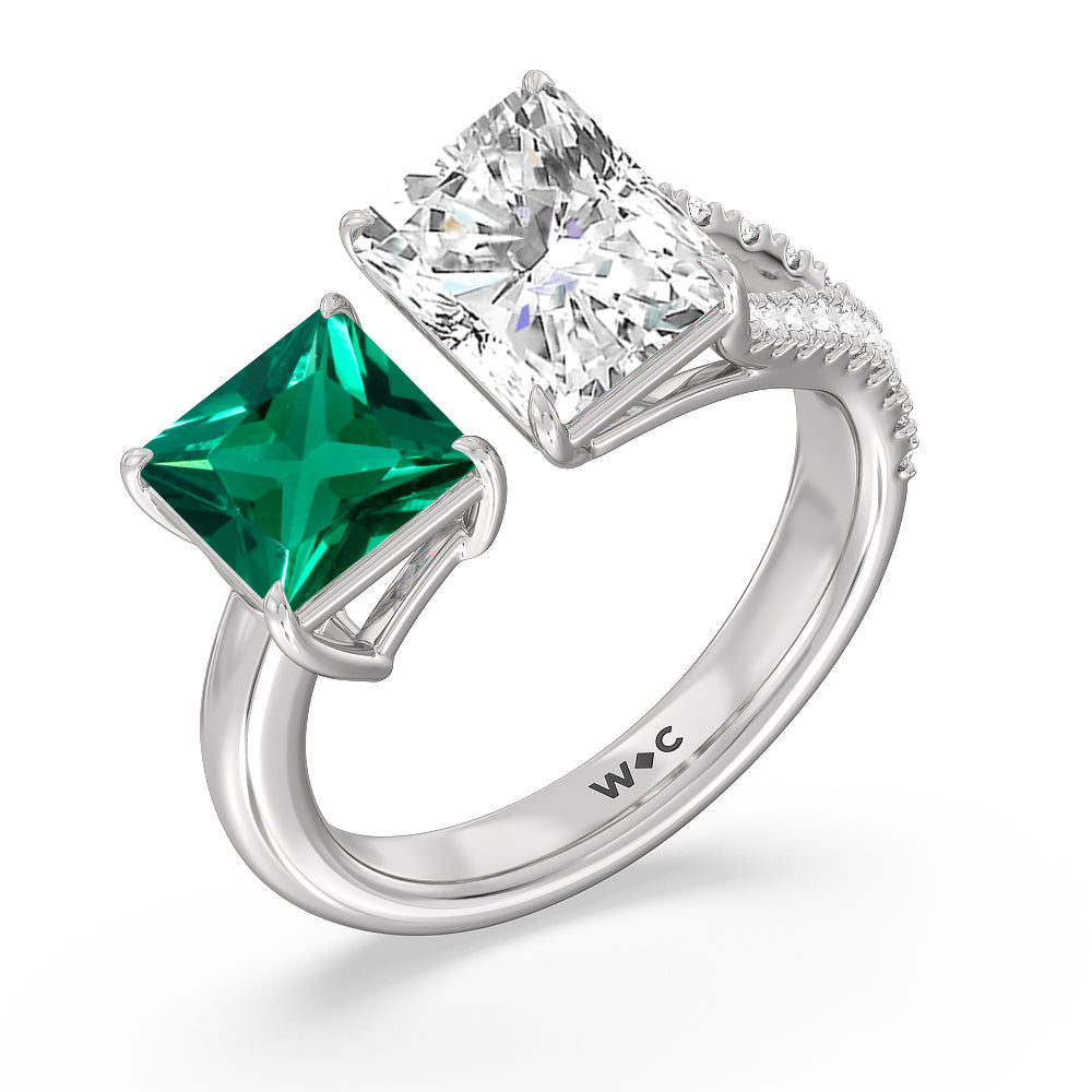 Toi et Moi Created Emerald Princess and Radiant Diamond Split Shank Engagement Ring with 14KT White Gold Cut Diamond in 14KT White Gold view 2
