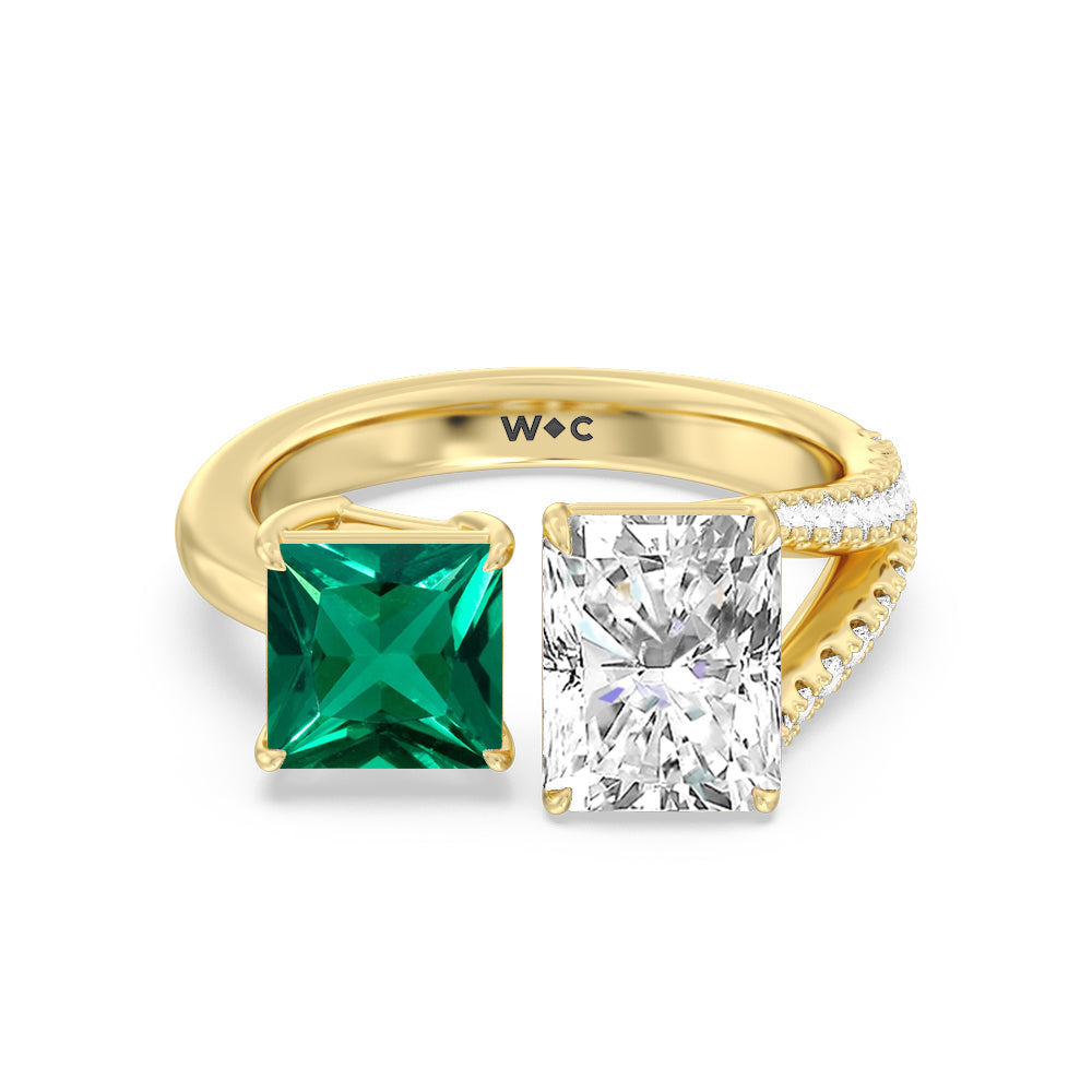 Toi et Moi Created Emerald Princess and Radiant Diamond Split Shank Engagement Ring with 14KT Yellow Gold Cut Diamond in 14KT Yellow Gold view 1
