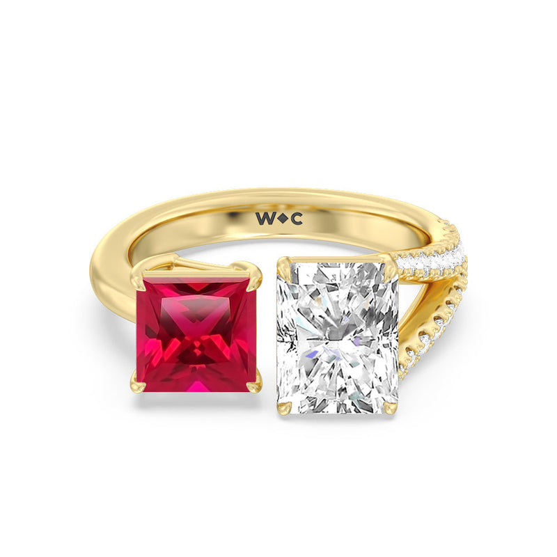 Toi et Moi Created Ruby Princess and Radiant Lab Diamond Split Shank Engagement Ring