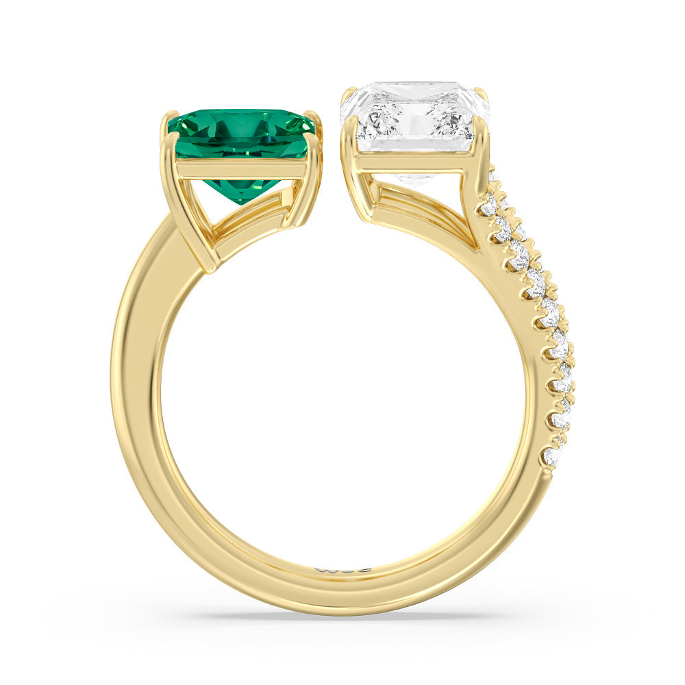 Toi et Moi Created Emerald Princess and Radiant Diamond Split Shank Engagement Ring with 14KT Yellow Gold Cut Diamond in 14KT Yellow Gold view 3
