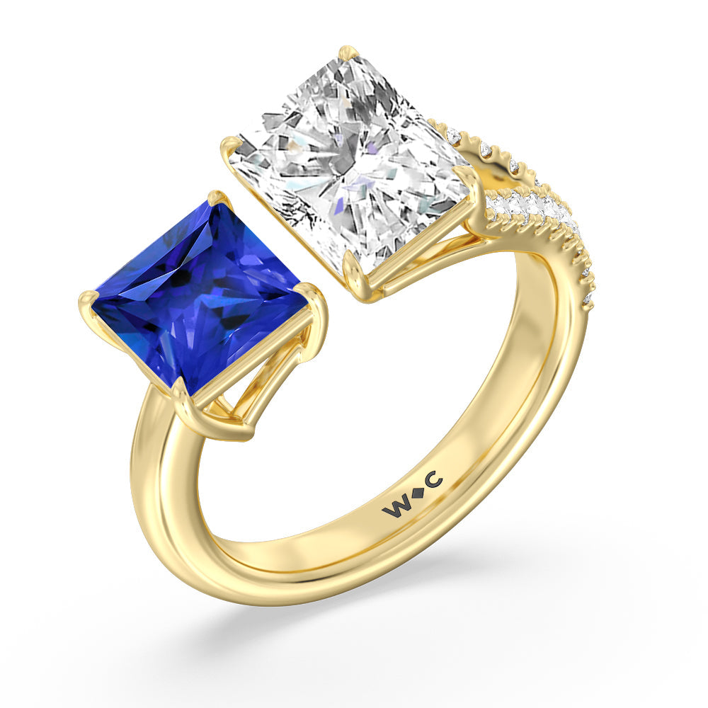 Toi et Moi Created Sapphire Princess and Radiant Lab Diamond Split Shank Engagement Ring with 14KT Yellow Gold Cut Diamond in 14KT Yellow Gold view 2

