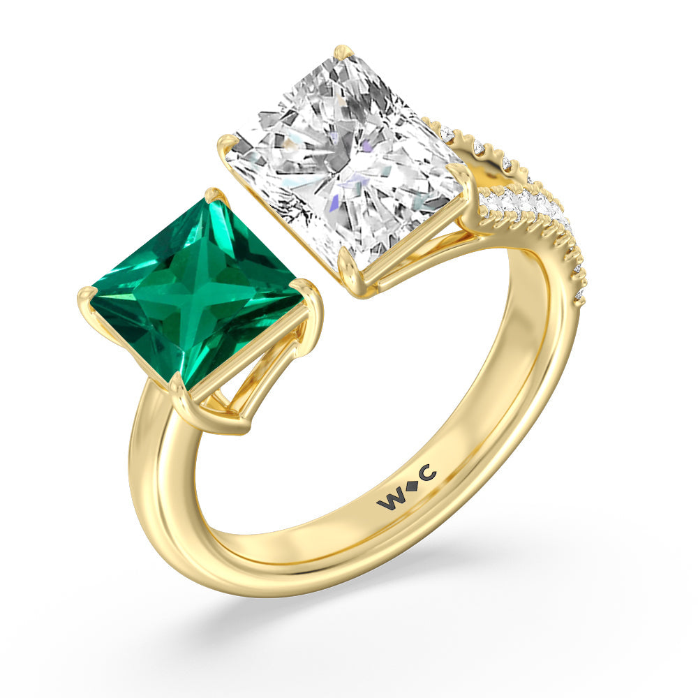 Toi et Moi Created Emerald Princess and Radiant Diamond Split Shank Engagement Ring with 14KT Yellow Gold Cut Diamond in 14KT Yellow Gold view 2
