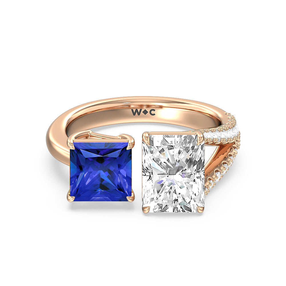Toi et Moi Created Sapphire Princess and Radiant Lab Diamond Split Shank Engagement Ring with 14KT Rose Gold Cut Diamond in 14KT Rose Gold view 1
