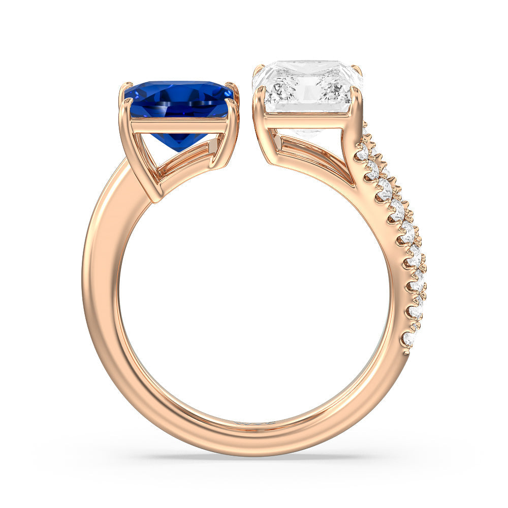 Toi et Moi Created Sapphire Princess and Radiant Lab Diamond Split Shank Engagement Ring with 14KT Rose Gold Cut Diamond in 14KT Rose Gold view 3
