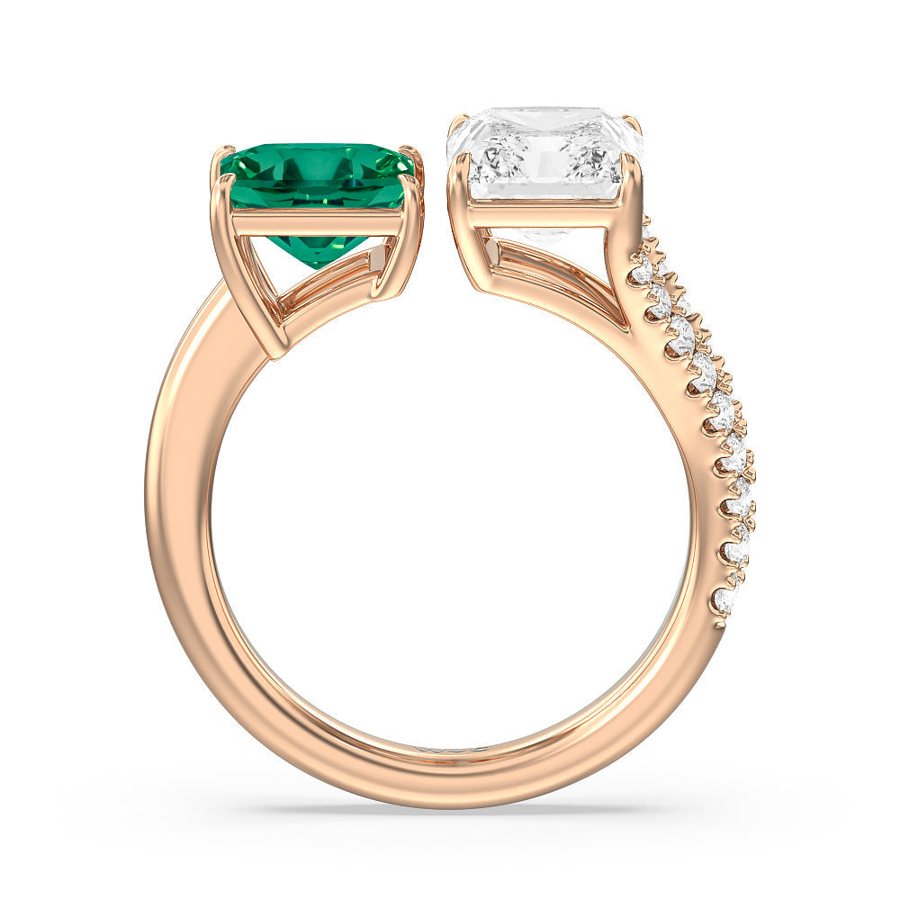 Toi et Moi Created Emerald Princess and Radiant Diamond Split Shank Engagement Ring with 14KT Rose Gold Cut Diamond in 14KT Rose Gold view 3
