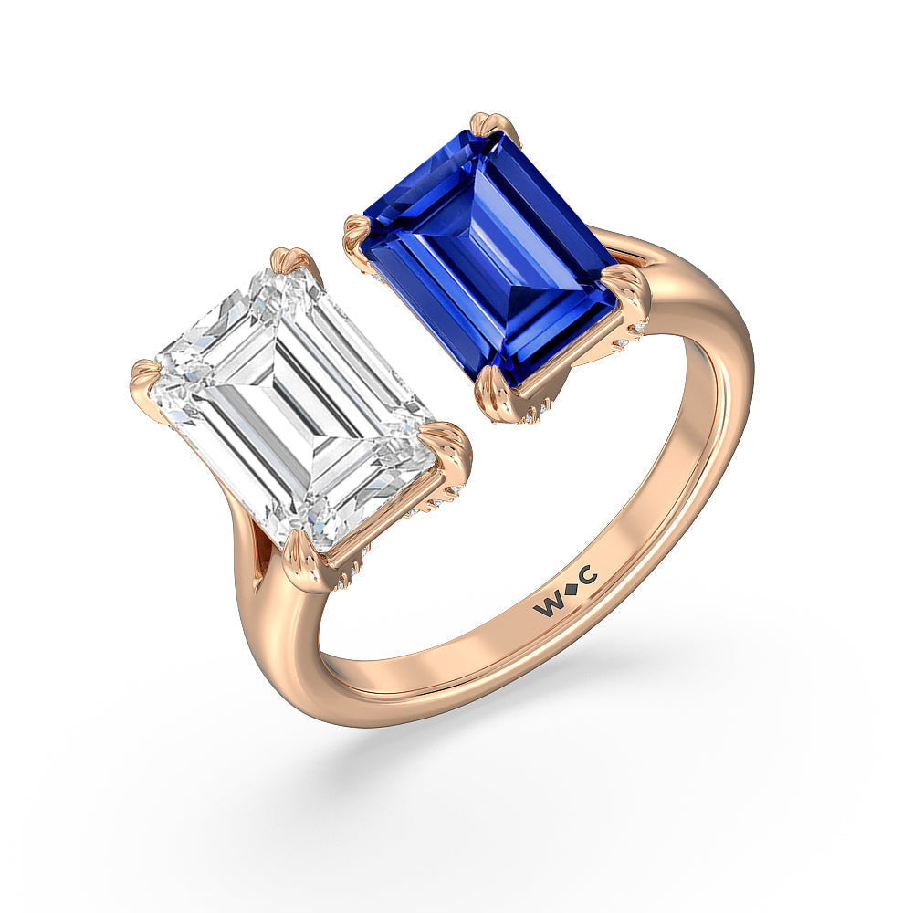 Toi et Moi Created Sapphire and Emerald Diamond Studded Basket Engagement Ring with 14KT Rose Gold Cut Diamond in 14KT Rose Gold view 2
