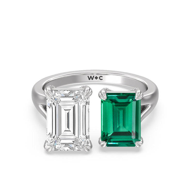 Toi et Moi Created Emerald and Emerald Shape Diamond Studded Basket Engagement Ring