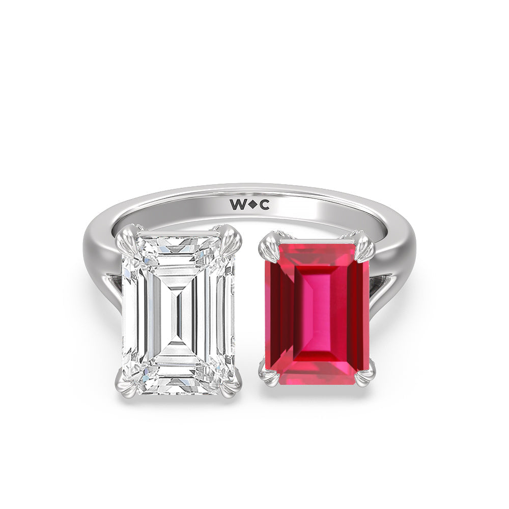 Toi et Moi Created Ruby and Emerald Diamond Studded Basket Engagement Ring with 14KT White Gold Cut Diamond in 14KT White Gold view 1
