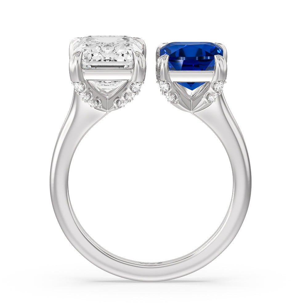 Toi et Moi Created Sapphire and Emerald Diamond Studded Basket Engagement Ring with 14KT White Gold Cut Diamond in 14KT White Gold view 3
