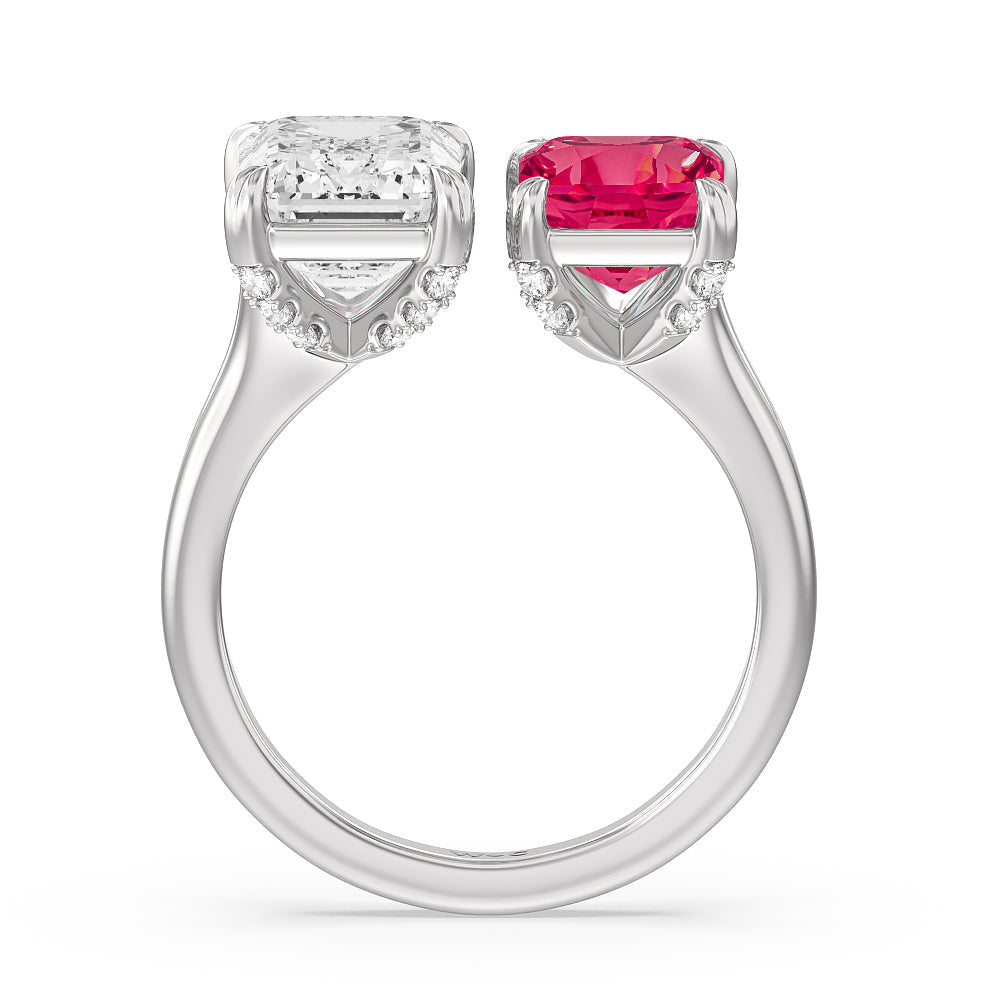 Toi et Moi Created Ruby and Emerald Diamond Studded Basket Engagement Ring with 14KT White Gold Cut Diamond in 14KT White Gold view 3
