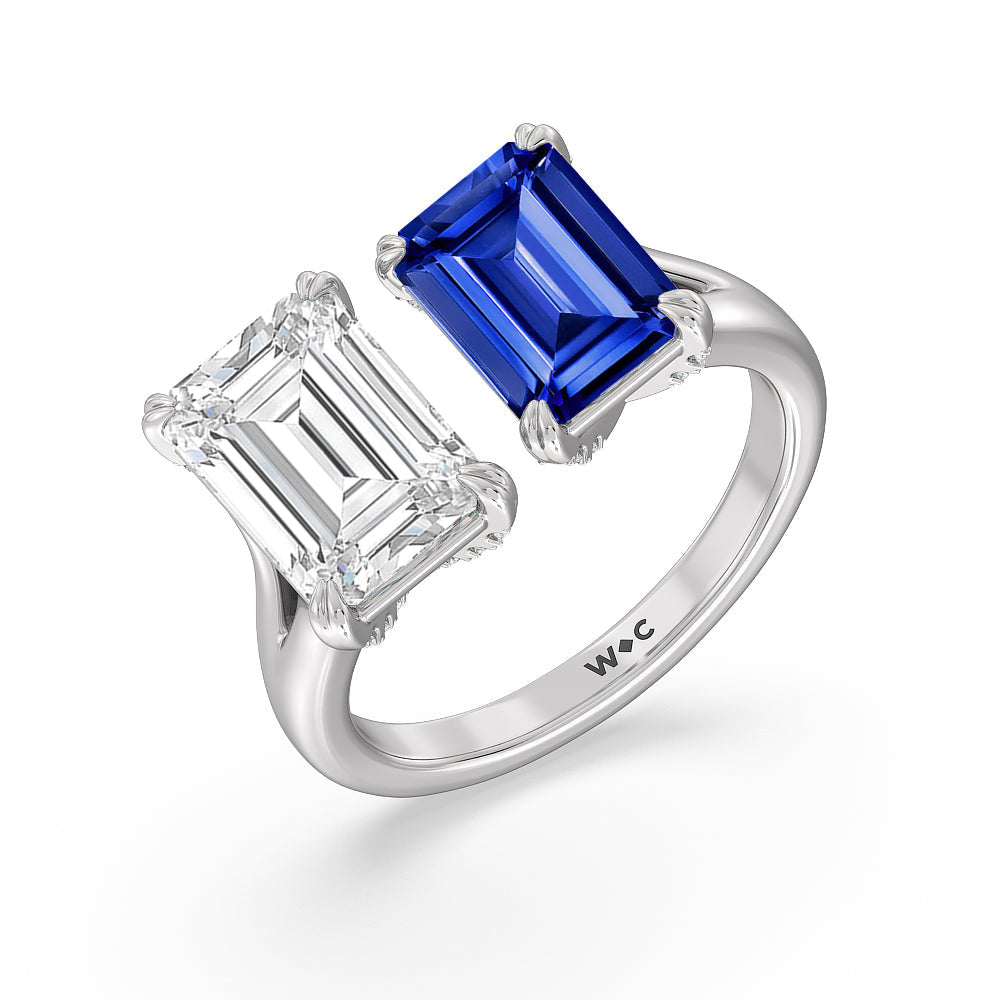 Toi et Moi Created Sapphire and Emerald Diamond Studded Basket Engagement Ring with 14KT White Gold Cut Diamond in 14KT White Gold view 2
