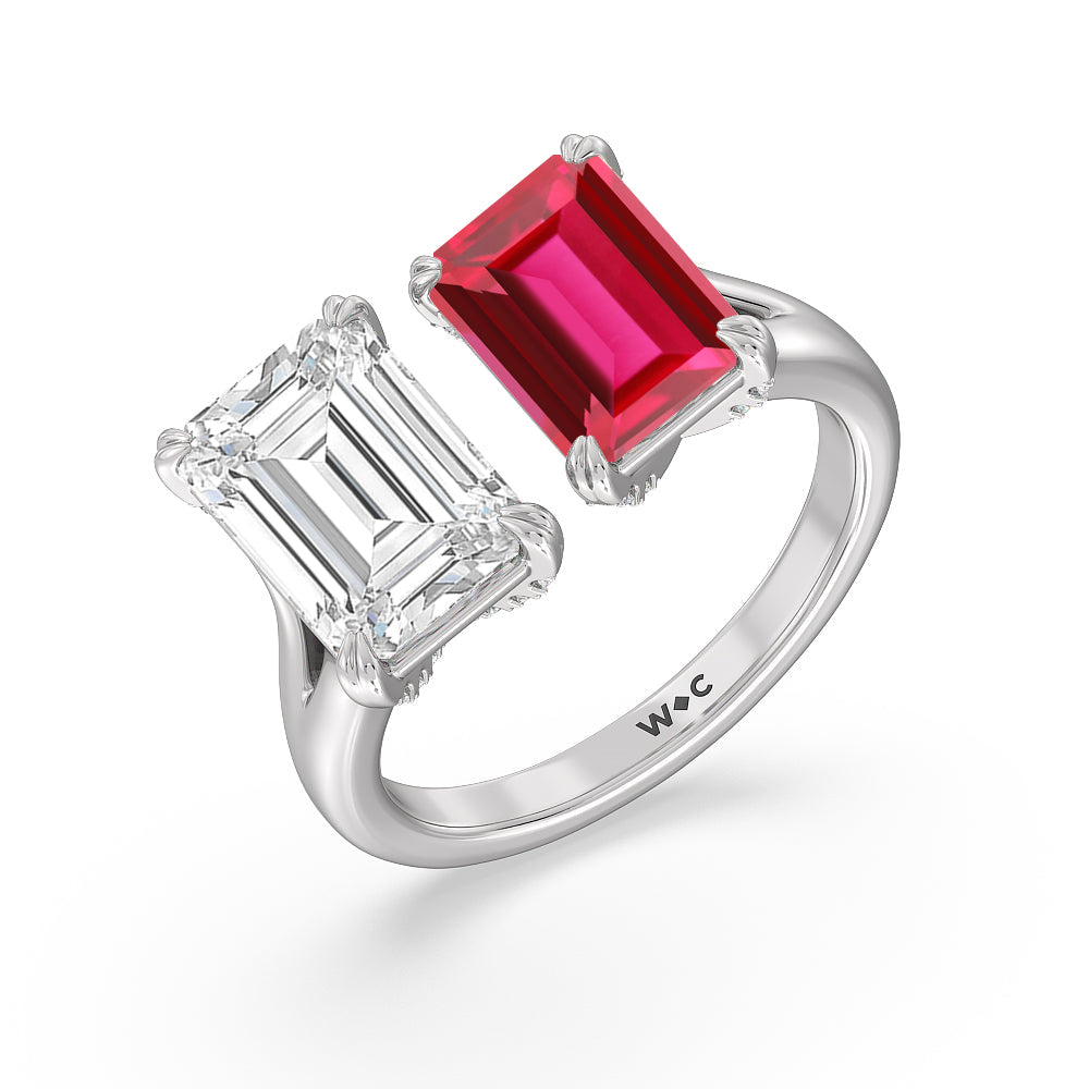 Toi et Moi Created Ruby and Emerald Diamond Studded Basket Engagement Ring with 14KT White Gold Cut Diamond in 14KT White Gold view 2
