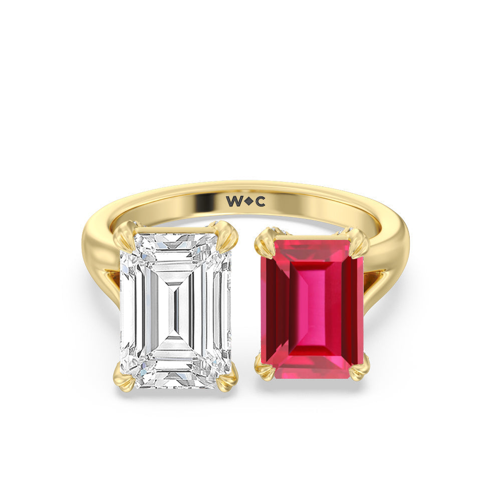Toi et Moi Created Ruby and Emerald Diamond Studded Basket Engagement Ring with 14KT Yellow Gold Cut Diamond in 14KT Yellow Gold view 1
