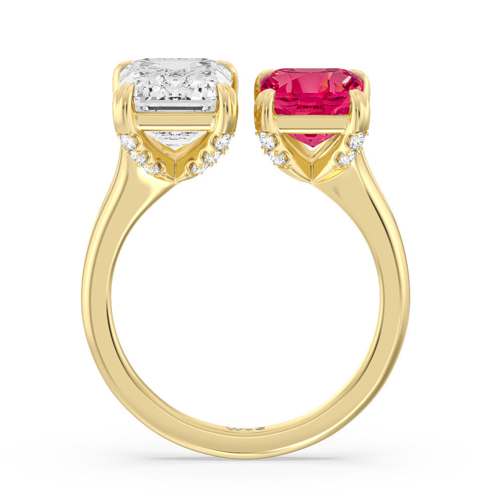 Toi et Moi Created Ruby and Emerald Diamond Studded Basket Engagement Ring with 14KT Yellow Gold Cut Diamond in 14KT Yellow Gold view 3
