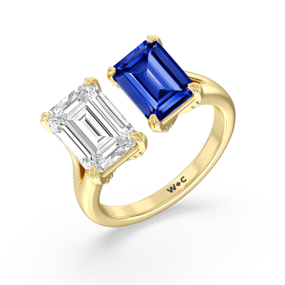 Toi et Moi Created Sapphire and Emerald Diamond Studded Basket Engagement Ring with 14KT Yellow Gold Cut Diamond in 14KT Yellow Gold view 2
