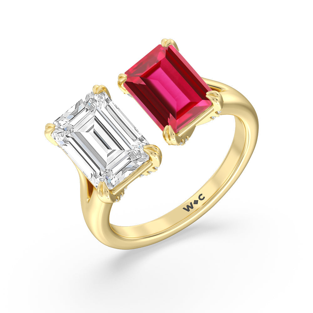 Toi et Moi Created Ruby and Emerald Diamond Studded Basket Engagement Ring with 14KT Yellow Gold Cut Diamond in 14KT Yellow Gold view 2
